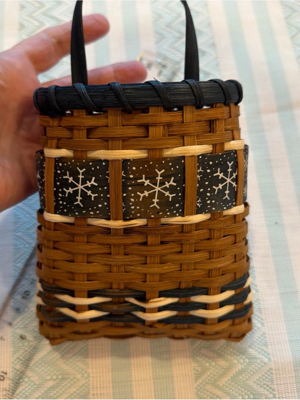 Woven Brown & Black Wall Pocket Basket Bag with Snowflake Accent
